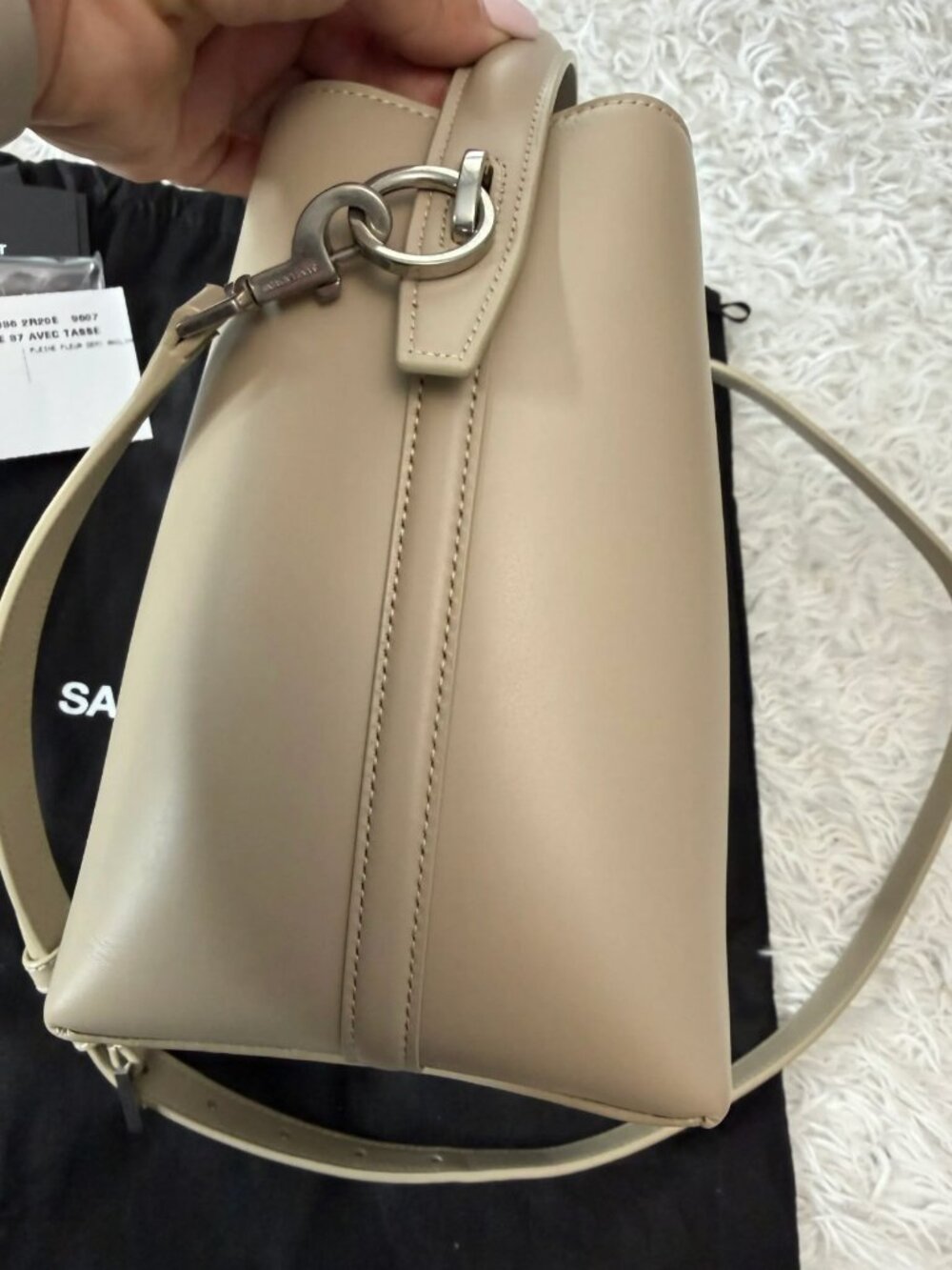 SAINT LAURENT Smooth Calfskin Le 37 Small Bucket Bag in Sea Salt - Picture 8 of 12